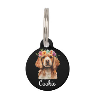 Brittany Spaniel Dog Watercolor Flower Pet ID Tag