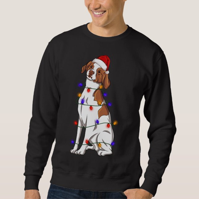 Brittany Spaniel Dog Wearing Christmas Hat Lights Sweatshirt (Front)