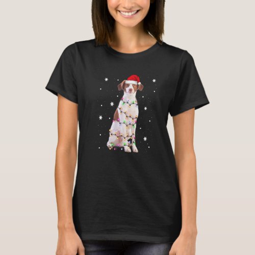 Brittany Spaniel Dog Wearing Christmas Hat Lights T_Shirt