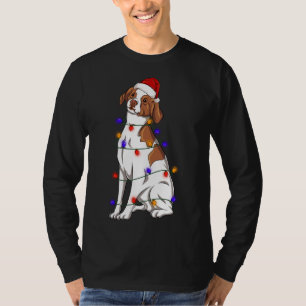 Brittany Spaniel Dog Wearing Christmas Hat Lights T-Shirt