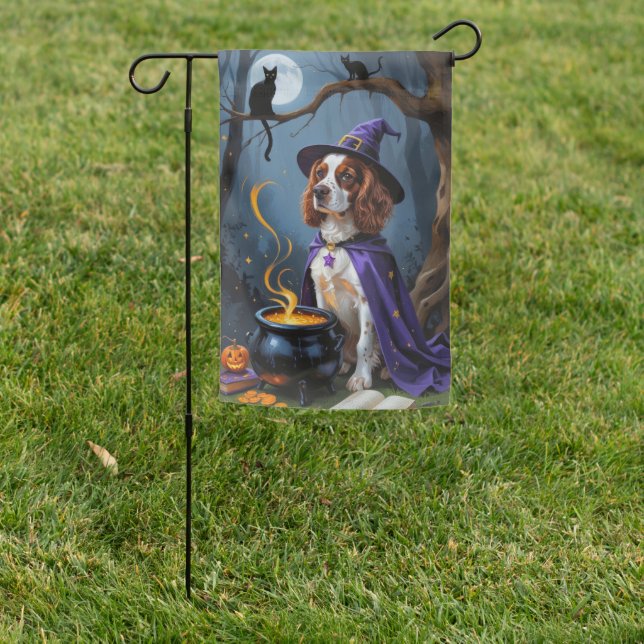 Brittany Spaniel Dog Whimsical Halloween Painting Garden Flag (In SItu)