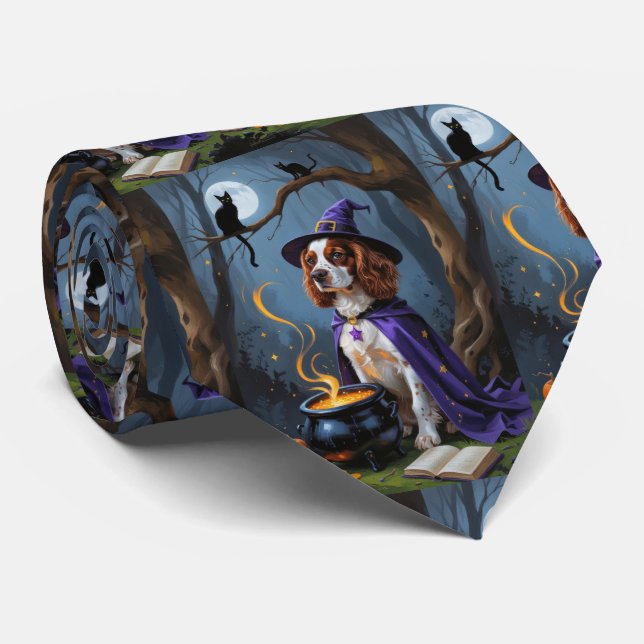 Brittany Spaniel Dog Whimsical Halloween Painting Neck Tie (Rolled)