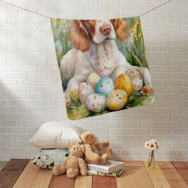 Brittany Spaniel Dog with Easter Eggs Holiday Baby Blanket (In Situ)