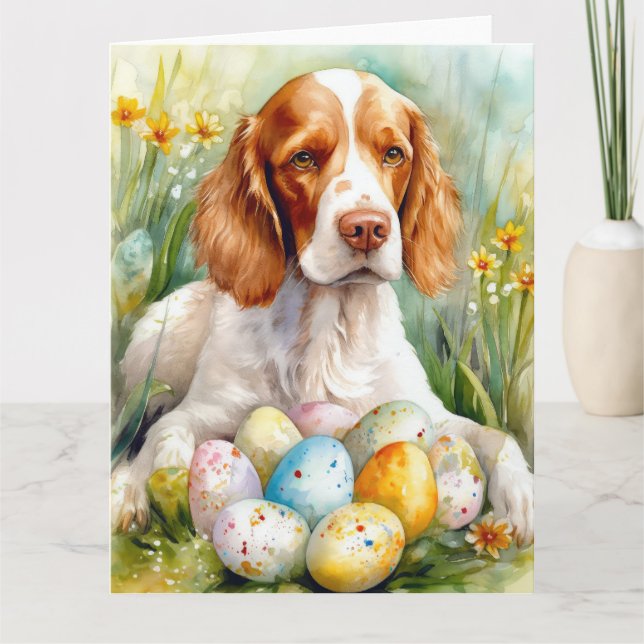 Brittany Spaniel Dog with Easter Eggs Holiday Card (Front)