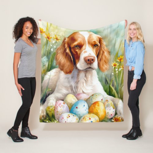 Brittany Spaniel Dog with Easter Eggs Holiday Fleece Blanket