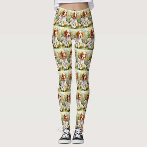 Brittany Spaniel Dog with Easter Eggs Holiday Leggings