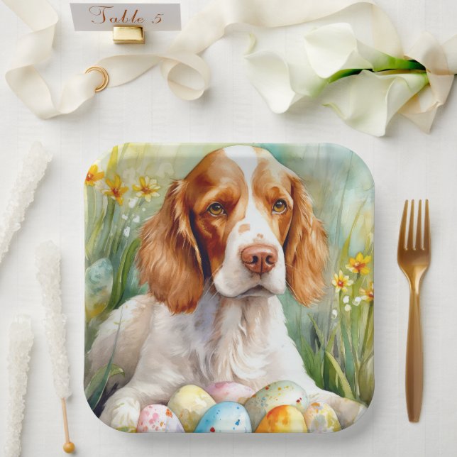 Brittany Spaniel Dog with Easter Eggs Holiday Paper Plates (Wedding)