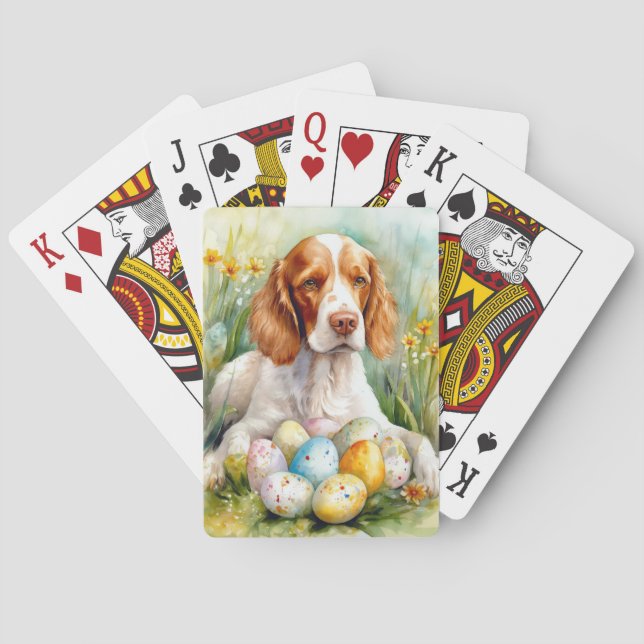 Brittany Spaniel Dog with Easter Eggs Holiday Poker Cards (Back)