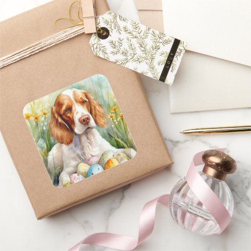 Brittany Spaniel Dog with Easter Eggs Holiday Square Sticker