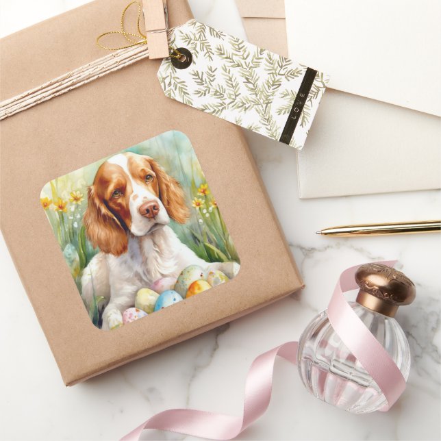 Brittany Spaniel Dog with Easter Eggs Holiday Square Sticker (Gifting)