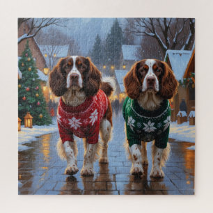 Brittany Spaniel Dogs Christmas Snow Holiday Jigsaw Puzzle