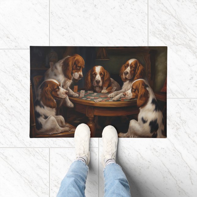 Brittany Spaniel Dogs Playing Poker Art Doormat (Indoor)