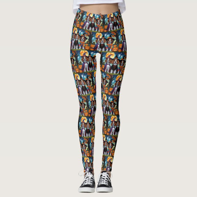 Brittany Spaniel Dogs Pumpkin Halloween Funny  Leggings (Front)