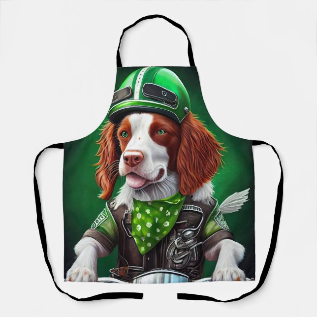 Brittany Spaniel driving bike St. Patrick's Day  Apron (Front)