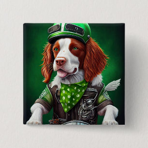 Brittany Spaniel driving bike St. Patrick's Day Button