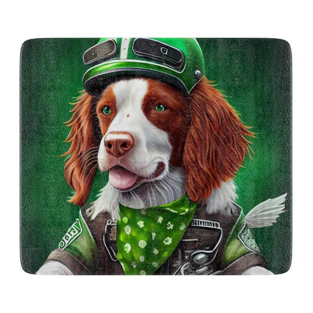 Brittany Spaniel driving bike St. Patrick's Day Cutting Board (Front)