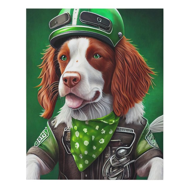 Brittany Spaniel driving bike St. Patrick's Day Faux Canvas Print (Front)