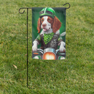 Brittany Spaniel driving bike St. Patrick's Day Garden Flag