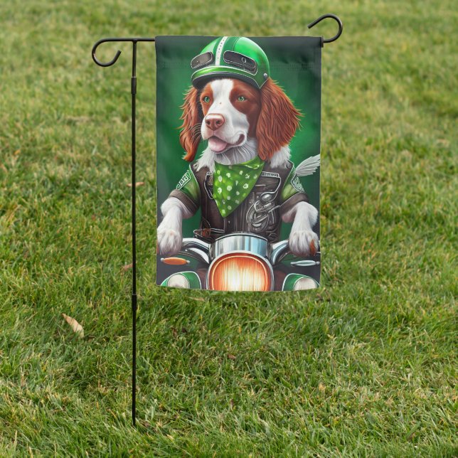 Brittany Spaniel driving bike St. Patrick's Day  Garden Flag (In SItu)