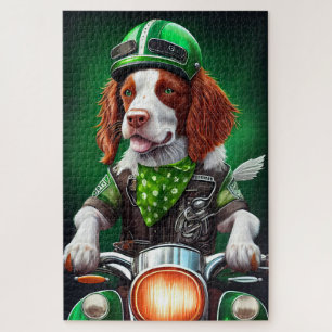 Brittany Spaniel driving bike St. Patrick's Day Jigsaw Puzzle