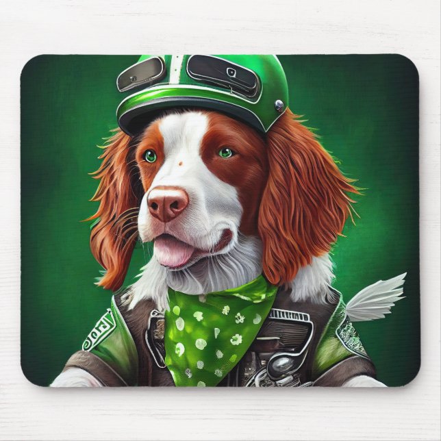 Brittany Spaniel driving bike St. Patrick's Day Mouse Pad (Front)