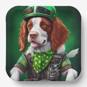 Brittany Spaniel driving bike St. Patrick's Day Paper Plates