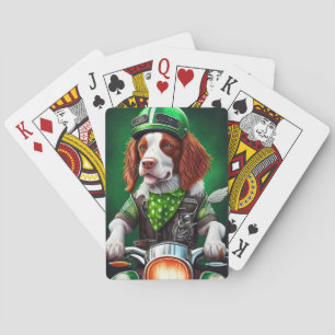 Brittany Spaniel driving bike St. Patrick's Day Poker Cards