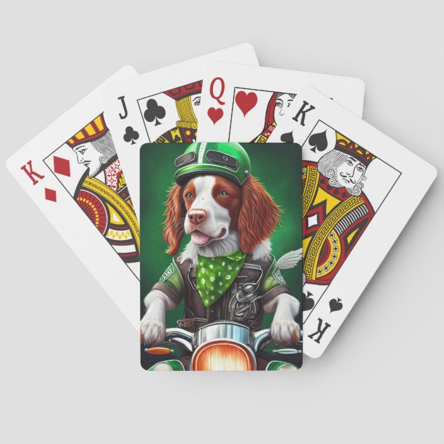 Brittany Spaniel driving bike St. Patrick's Day Poker Cards (Back)