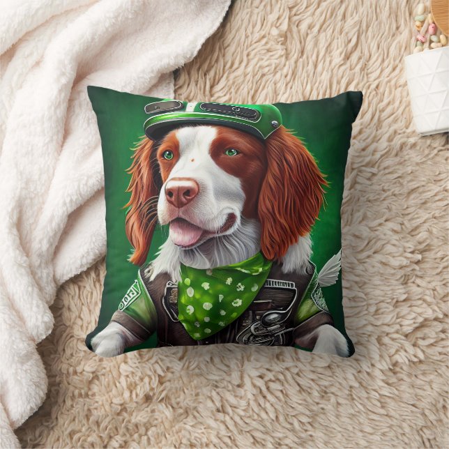 Brittany Spaniel driving bike St. Patrick's Day Throw Pillow (Blanket)