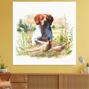 Brittany Spaniel – Field, Focus, Pheasant , Art Canvas Print