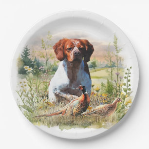 Brittany Spaniel – Field, Focus, Pheasant , Art  Paper Plates