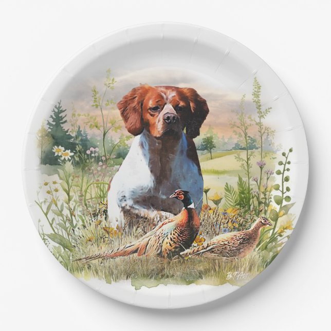 Brittany Spaniel – Field, Focus, Pheasant , Art  Paper Plates (Front)