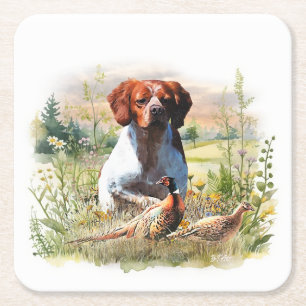 Brittany Spaniel – Field, Focus, Pheasant , Art Square Paper Coaster