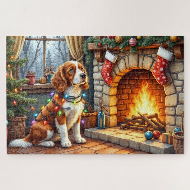 Brittany Spaniel Fireplace with Christmas Lights Jigsaw Puzzle (Horizontal)