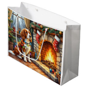 Brittany Spaniel Fireplace with Christmas Lights Large Gift Bag