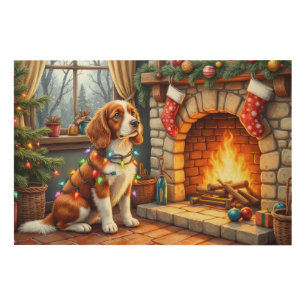 Brittany Spaniel Fireplace with Christmas Lights Wood Wall Art