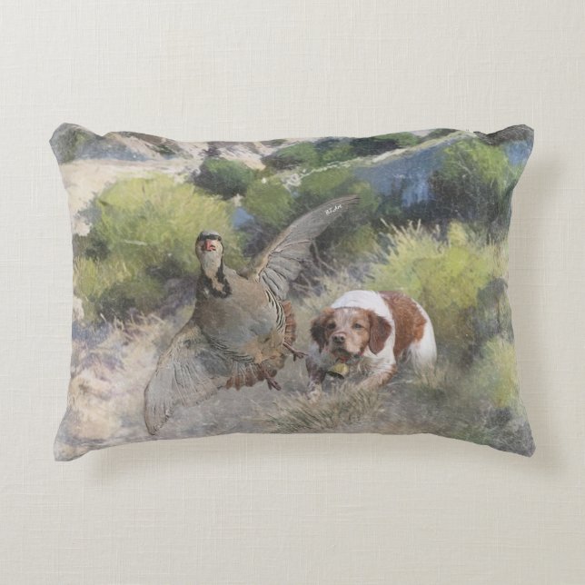 Brittany Spaniel hunting chukar partridge, Art  Accent Pillow (Front)