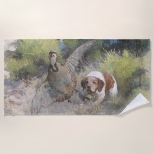 Brittany Spaniel hunting chukar partridge, Art Beach Towel