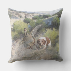 Brittany Spaniel hunting chukar partridge, Art Outdoor Pillow