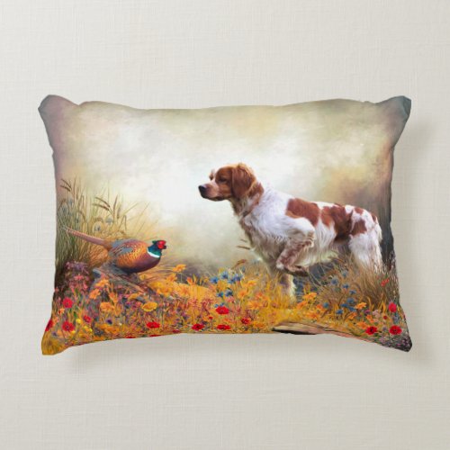 Brittany Spaniel Hunting Pheasant     Accent Pillow