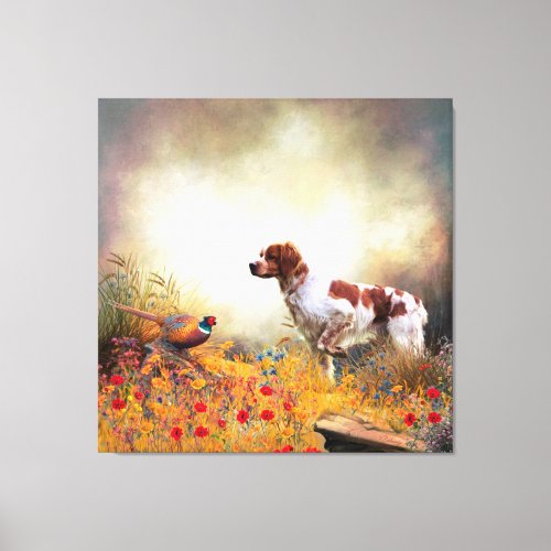 Brittany Spaniel Hunting Pheasant   Canvas Print