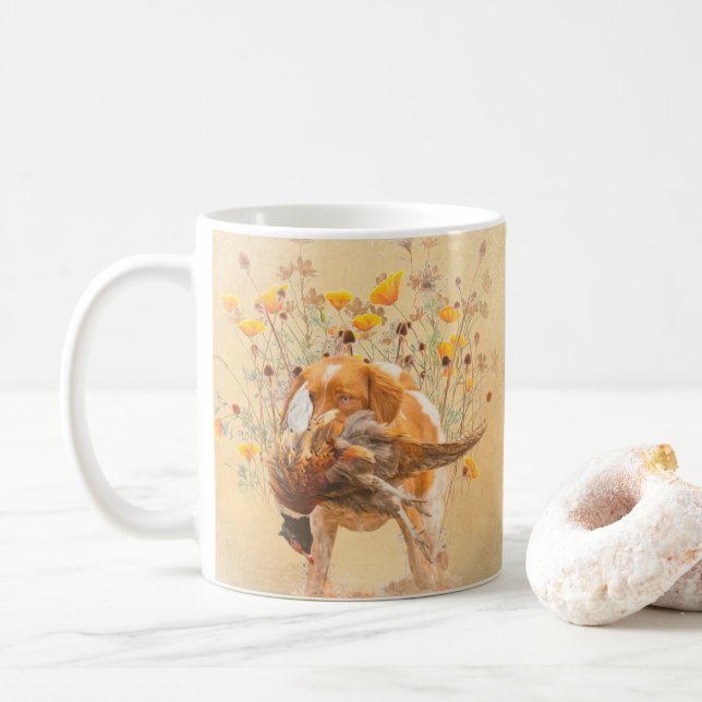 Brittany Spaniel, Hunting Pheasant Coffee Mug (With Donut)