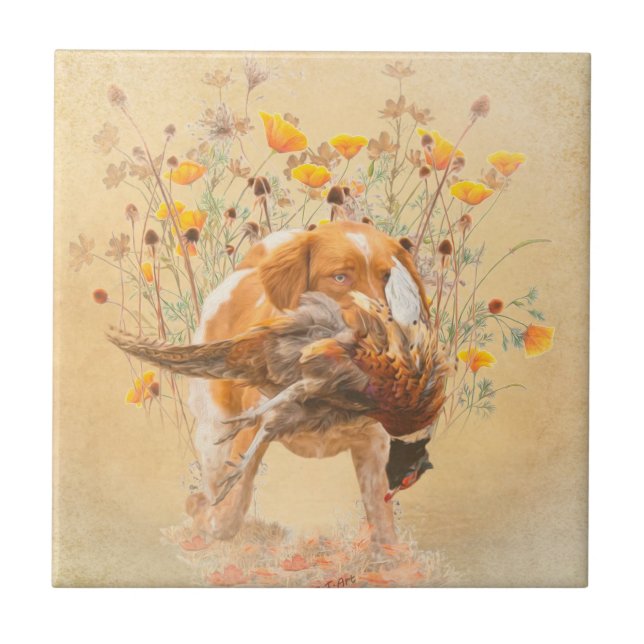 Brittany Spaniel, Hunting Pheasant Coffee Mug T-Sh Ceramic Tile (Front)