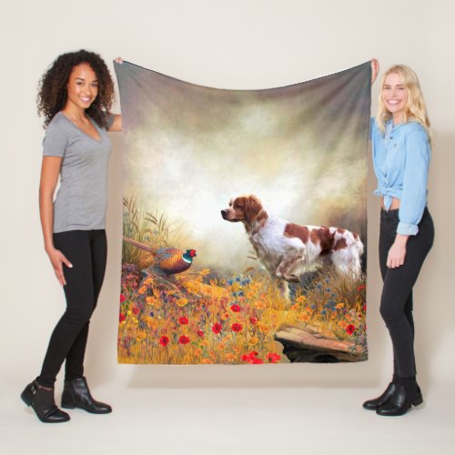 Brittany Spaniel Hunting Pheasant    Fleece Blanket