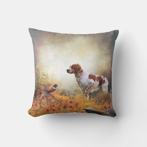Brittany Spaniel Hunting Pheasant    Outdoor Pillow