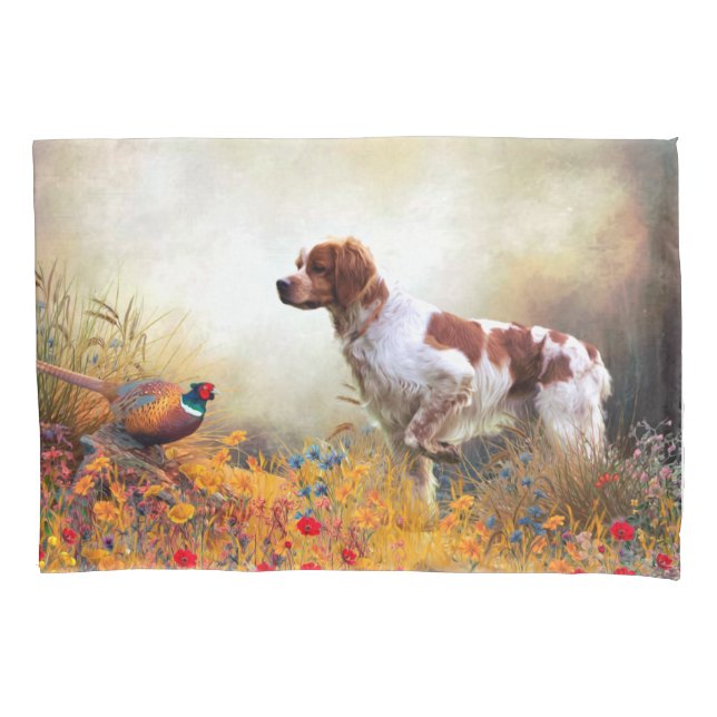 Brittany Spaniel, Hunting Pheasant     Pillow Case (Front)