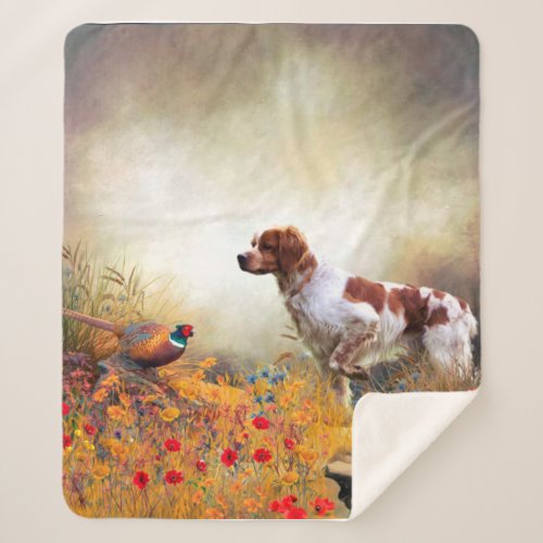 Brittany Spaniel Hunting Pheasant     Sherpa Blanket