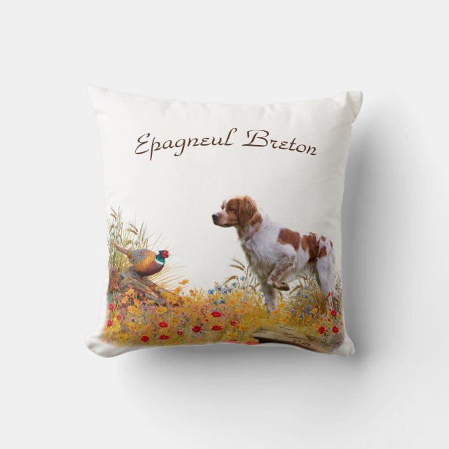 Brittany Spaniel, Hunting Pheasant  Throw Pillow (Front)