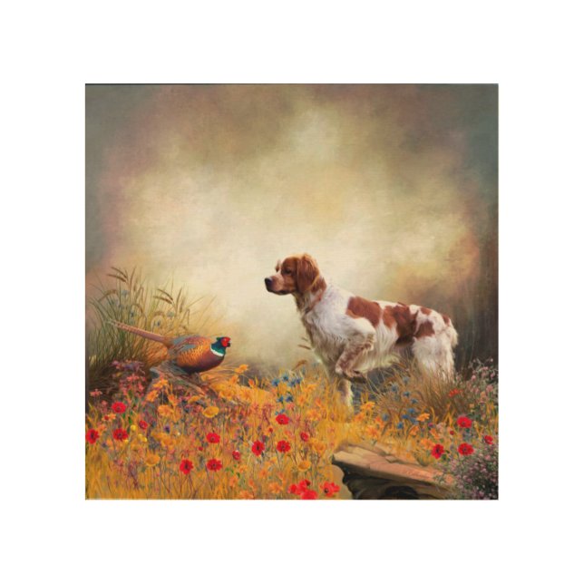 Brittany Spaniel, Hunting Pheasant  Wood Wall Art (Front)