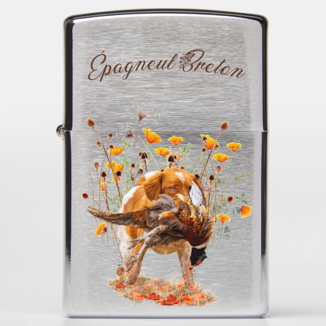 Brittany Spaniel, Hunting Pheasant Zippo Lighter (Front)
